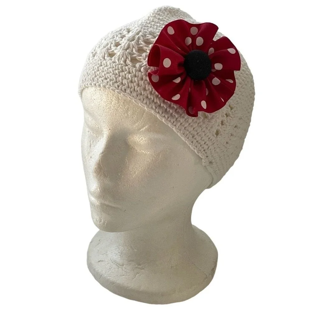 My‎ Lello Hat Handmade Beanie Little Girl Crochet White Kufi Flower New